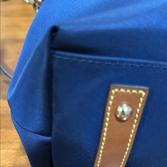 Dooney & Bourke Italian Nylon Navy and Brown Hobo Drawstring Bag - Picture 6 of 15